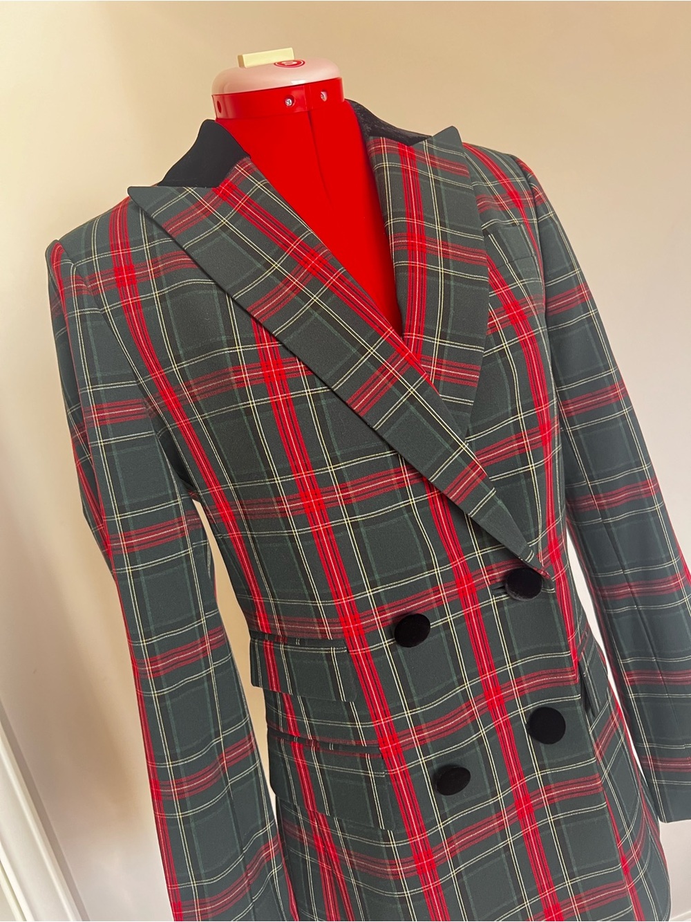 ANTONIO MELANI Red & Green Double-Breasted Plaid Blazer